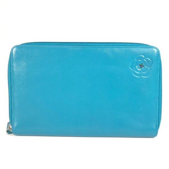 CHANEL Camellia CC CC Mark Zip Around Long Wallet Long Wallet Leather blue - Picture 1 of 14